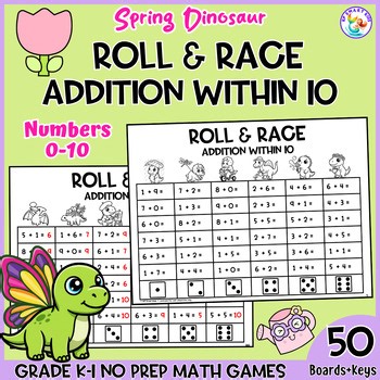 Kindergarten 1st Grade Addition within 10 Spring Dinosaur Roll & Race Math Games