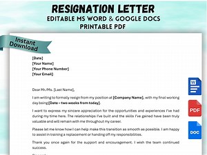 Professional Resignation Letter Template: Editable Word & PDF (instant Download) - Etsy Australia