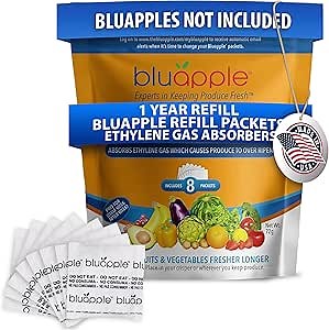 Bluapple Produce Saver Ethylene Gas Absorber - Fresh Fruit & Vegetable Storage, Food Savers for Refrigerator, 8 Packets (9g each), Each Packet Lasts 3 Months, Kitchen Must Haves, USA Made - Refill Kit