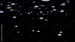 Cartoon UFO Invasion. Animated spaceships appear on a black background and descend, perfect for all sci-fi enthusiasts, UFO aficionados, and alien themed projects in comic style