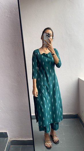 SwaSa on Instagram: "TEAL Price: 1899+$ Set includes: kurta+pants Kurta height: 43” Pants height: 34” No lining attached Fabric: single ikkat cotton . DM to order( No whatsapp)"