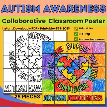 Autism Awareness Collaborative Poster Craft | Puzzle Heart Coloring Activity