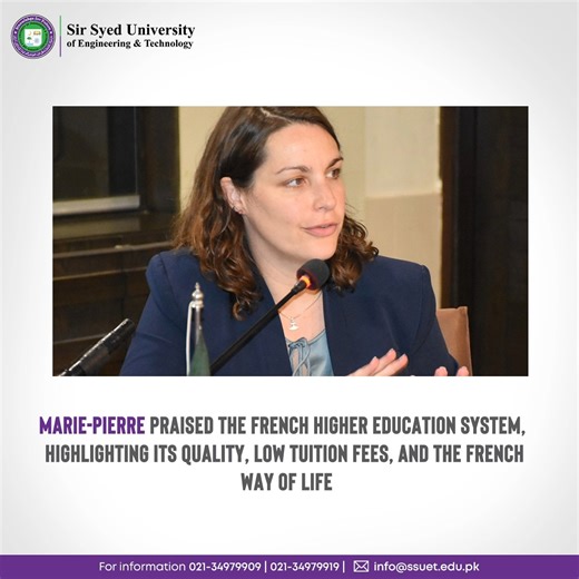 International Masters Manager of Centrale Nantes, Marie-Pierre paid a visit to SSUET to explore collaboration and partnership opportunities. During this visit, the French delegation engaged in an interactive session with the university's leadership and faculty to explore avenues for further studies in France and foster research collaborations. The university's Director of ORIC, Prof. Dr. Rabia Noor Enam, provided a comprehensive overview of SSUET's academic programs and achievements. Speaking at