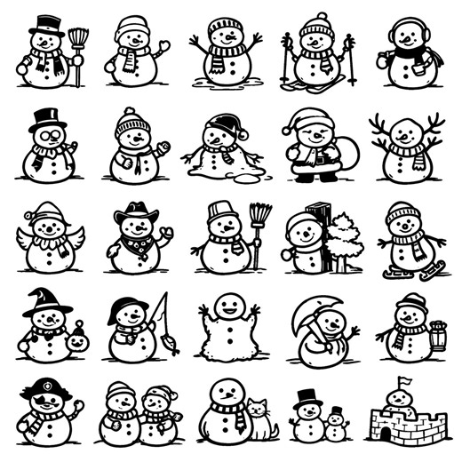 Snowman SVG Icons Bundle – 25 Unique Black Outline, Bold Line Art, White Background, Cricut and Silhouette Cut Files, Eps, Dxf, Jpg and Png - Etsy