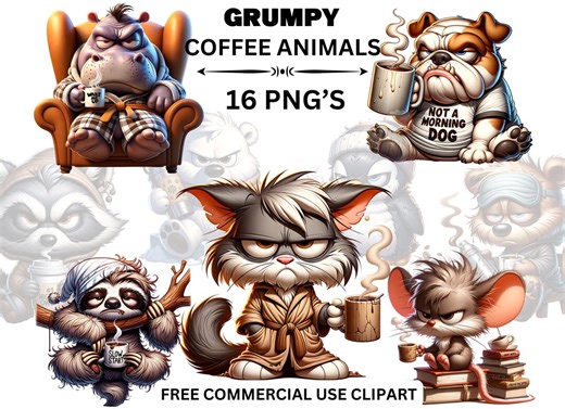 Grumpy Coffee Animals Clipart Bundle: Cartoon PNG (commercial Use) - Etsy