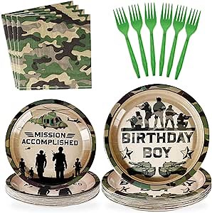 96Pcs Camo Birthday Party Supplies Camouflage Party Plates Disposable 350GSM Camouflage Paper Tableware Set for Boys Army Military Birthday Camouflage Veteran Day Party Decorations, Serves 24
