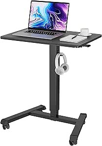 BONTEC Mobile Standing Desk Adjustable Height, Rolling Laptop Cart with Hook, Portable Workstation with Pneumatic Lift, Ergonomic Table with Wheels, Compact Home Office Desk, Black 25.6" x 17.7"