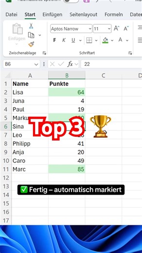 Top 3 Ergebnisse in Excel automatisch hervorheben 🏆 #excel #exceltips #datenanalyse #microsoft