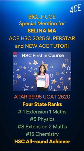 ACE Specialist Tuition on Instagram: "And then there's Spectacular Selina🤩, who's absolutely stupefied us with her long list of achievements in the 2025 HSC! We're beyond proud to have been part of your HSC journey and thrilled to welcome you to the ACE teaching team! ⁠ #ACEHSC #FirstInCourse #HSCAllRoundAchiever #TopAchievers #ATAR #UCAT #ACEyourHSC #ACEChemistry #ACEPhysics #ACEExt1Maths #ACEExt2Maths #ACEMathematics #ACEUCAT #StateRank"