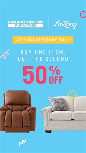 Get TWO La-Z-Boys for less! Join us and celebrate 48 years by sitting back. 🛋️ | Unclaimed Freight Furniture
