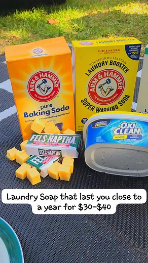 Things you'll need: • Arm & Hammer Super Washing Soda or HERE (55 oz. Box) • 20 Mule Team Borax (65 oz. Box) • Pure Baking Soda (4 lbs) • Fels-Naptha Soap (3 Bars, cut into 8 pieces each) • Oxi-Clean Stain Remover Powder (1.3 lb Tub) • *Optional – Gain Fireworks Laundry Beads (22oz) or any scent booster Microwave each Fels-Naptha bar on 2mins 30secs or until nice and fluffy. Let cool. Crumble into tiny pieces. Mix all ingredients together well. Store in a airtight container. Use 1 Tbsp per load 
