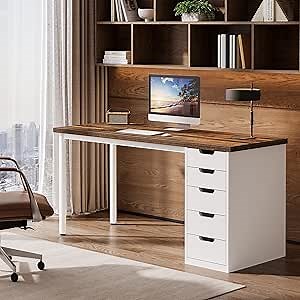Tribesigns Modern Simple Computer Desk, 47 Inches PC Desk with 5 Reversible Drawers, Rustic Brown Study Writing Table Workstation for Home Office Small Spaces (Brown+White)