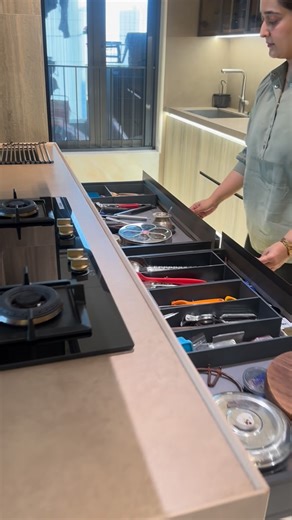 Exotic Designer Kitchen on Instagram: "Say hello to your dream kitchen inspiration!💙 Six drawers, perfectly placed right below the stove — because everything you need should be exactly where you reach for it. From daily cutlery to utensils to heavy cookware, each drawer is designed with ample, well-organised storage, smooth open-and-close movement, and full weight capacity that handles daily use with ease. Finished with a stunning exterior, this isn’t just storage — it’s smart planning that mak