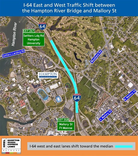 Long-term traffic shift for I-64 Hampton express lanes construction