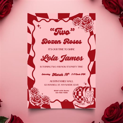 Two Dozen Roses Birthday Invitation, Second Birthday Checkered Rose Invite, Printable Canva Template - Etsy