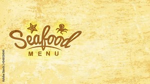 original seafood brand sign for heating deal with miniature starfish and octopus visual over aged cardboard background