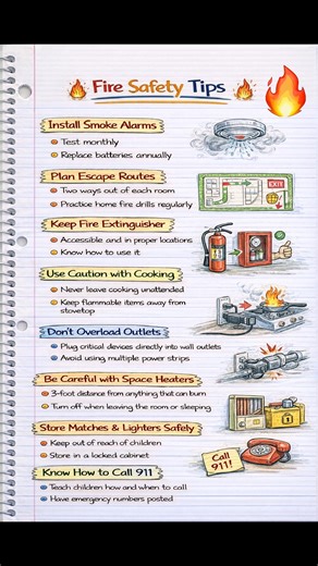 🔥 *Fire Safety Tips* 🚨 - *Prevention is key 🔒* - Keep flammables away from heat sources 🔥 - Check electrical cords regularly 🔌 - Store matches, lighters safely 🔒 - *Be prepared 🚨* - Install smoke detectors 🛠️ - Have a fire escape plan 📍 - Keep fire extinguishers handy 🚒 - *In case of fire 🚨* - Stay calm 😊 - Get out, stay out 🚪 - Call fire brigade 🔥 - *Common causes 🔥* - Cooking accidents 🍳 - Electrical issues 🔌 - Cigarettes 🚬 #FireSafety #SafetyFirst #PreventionIsBetter | Fire-