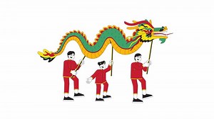 Chinese New Year dragon dance cartoon animation. Spring festival asian kids 4K motion graphic. Young dragon dancers performing during cny animated 2D characters isolated on white background
