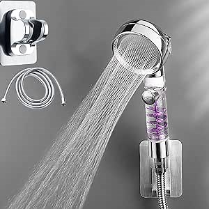 Handheld Power Shower Head,Vortex Shower Head with ON/Off and Pause Switch,Removable Propeller Driven Shower Head,Water Saving 360 Power Shower Head,Hydro Jet Shower Head (Silver shower head)