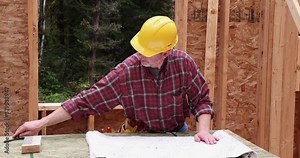 Construction worker unfolding building plans to review and make notes with a pen