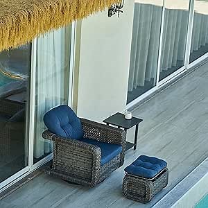 Patio Glider Swivel Rocker Sets: 3piece Patio Furniture Sets, 360° Swivel Rocking with Ottoman, Rust-Resistant Cushion -Perfect for Backyard/Deck/Porch/Balcony Decors- Gray Wicker, Blue (Chair+Table)