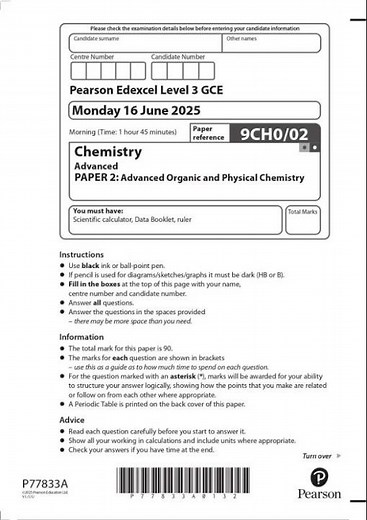 Pearson Edexcel Level 3 GCE JUNE 2025 Chemistry Advanced PAPER 2 QUESTION PAPER AND MARK SCHEME
