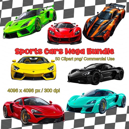 50 Sports Cars Clipart Bundle PNG: Hyper Realistic Racing Car Illustrations, Commercial Use - Etsy