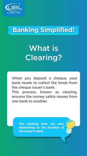 What is Clearing? It’s the essential process that ensures your cheque funds are transferred safely and securely from the issuer’s bank to yours. Remember, clearing time can vary depending on where the cheque originated! Grow faster with UBL. Follow us on LinkedIn for regular job updates: https://pk.linkedin.com/company/united-bank-limited Follow us for the latest instant updates on WhatsApp. Tap to join: https://whatsapp.com/channel/0029Vb6MQra2ER6nc9cpTU2B #UBL #FinanceFacts #BankingSimplified 