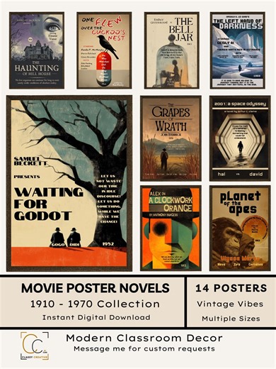 Classic Literature Posters: High School English Classroom Decor Mid Century Novels Vintage Movie Poster Popular Book Covers - Etsy