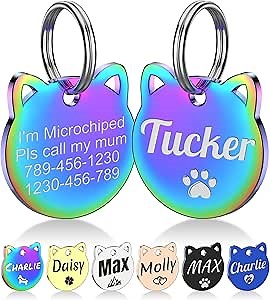 Cat Head Shape Pet ID Tags - Personalized Gold Plated Stainless Steel Cat Name Tags with Rainbow for Small Dogs & Cats, Custom Dog Name Tags Engraved on Both Sides