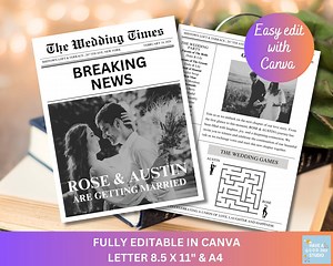 2 Sided Wedding Newspaper Template, Wedding Invitation, Ceremony Program, Timeline, Newspaper Wedding Editable on Canva Letter and A4 - Etsy Canada