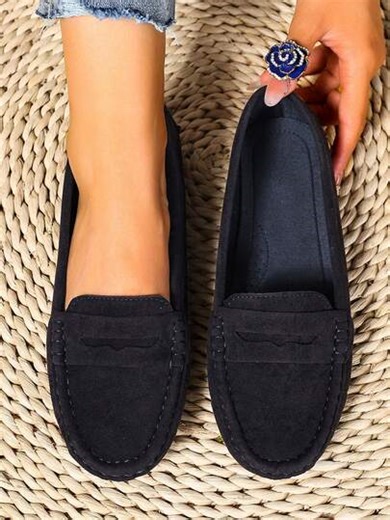 New Women Suede Knit Navy Blue Flat Shoes,Elegant Imitation Suede Flats, All-Season Comfortable Solid Color Slip On Loafers, Round Toe Versatile Casual High-End Lightweight Outdoor/Work Shoes For Women,Work Shoes,Slip On Shoes Women,Dark Blue Dress Shoes Women,Business Casual Woman | SHEIN