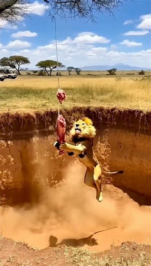 Will the lion step into the trap… or get the meat? 🐾🥩❓