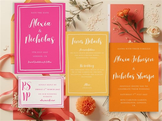 Summer Wedding Invitation Suite Canva Template | Whimsical Hand Drawn Bright Set | Modern Fun Bold Quirky Invite | Orange Pink Yellow - Etsy