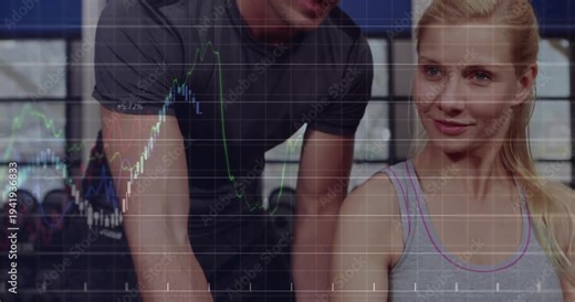 Female client doing biceps dumbbell curl in gym, trainer placing hands guiding form, charts on arm