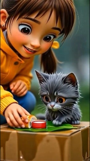 little girl help the poor cat in rainy day