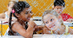 Mathematical equations and graphs animation over children studying in classroom