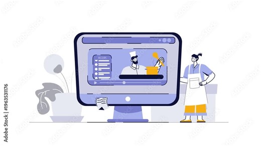 Online cooking tutorial with chef on monitor and woman in apron