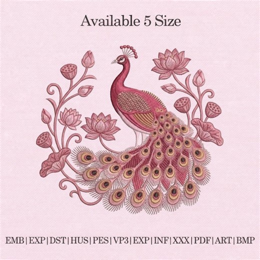 Peacock Embroidery Design, Lotus Flower Peacock Machine Embroidery File, Elegant Asian Bird Pattern, Vintage Floral PES DST JEF - Etsy