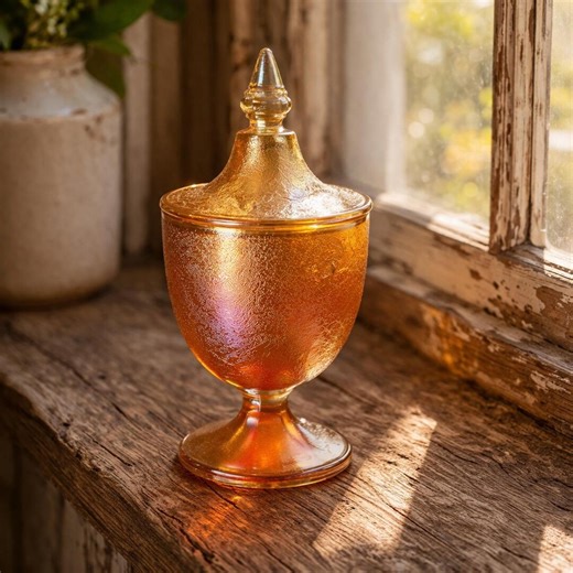 Vintage Amber Carnival Glass Candy Dish With Lid, Footed Pedestal Bowl, Iridescent Glass Jar, Mid Century Serving Dish Decor - Etsy