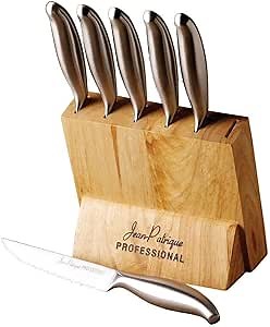 Jean-Patrique Kitchen Knife Set with Block - Set of 6 Stainless Steel Knives with Wooden Holder - Dishwasher Safe, Sharp & Rust Resistant