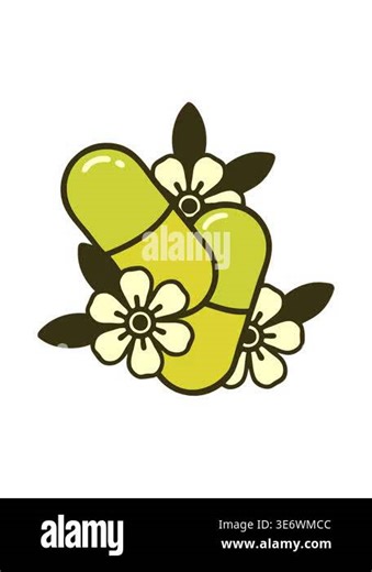 changing color animation of tattoo in traditional style of pills and flowers