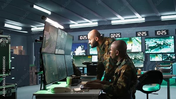 Team of army telecommunications operators using radio and satellite gear, cooperating to provide combat support. Teamworking military dispatchers colleagues managing communications networks, camera B