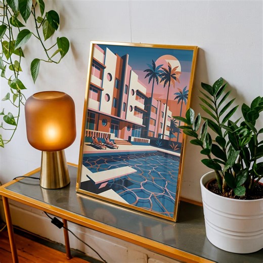 Miami Beach Art Deco Poolside Sunset Illustration | South Beach Pastel Wall Decor (Digital Download)
