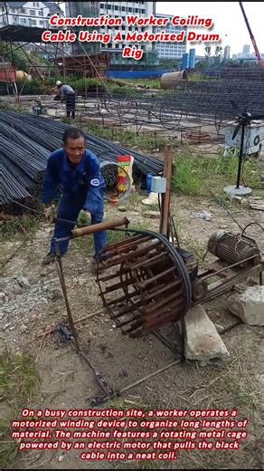 Construction Worker Coiling Cable Using A Motorized Drum Rig