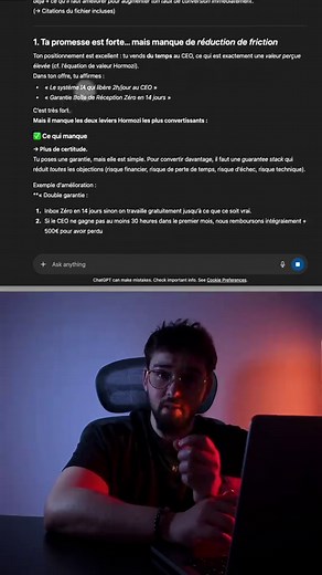 Commente “MENTOR” et je t’envoie mes autres prompts pour transformer ChatGPT en vrai outil de travail. Pourquoi ChatGPT te dit toujours oui ? (et comment le transformer en mentor) ChatGPT est programmé pour être gentil avec toi. Genre, TROP gentil. Derrière chaque réponse, y’a un prompt système qui lui dit “sois agréable, valide l’utilisateur”. Résultat ? Il te fait plaisir au lieu de te faire progresser. Dans cette vidéo je te montre : → Pourquoi l’IA te flatte par défaut → Comment modifier ses