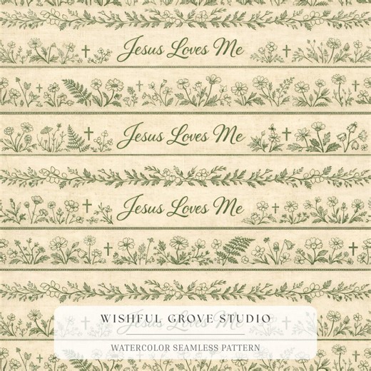 Jesus Loves Me Botanical Stripe Pattern | Sage Green Christian Fabric for Bible Journal & Gift Wrap