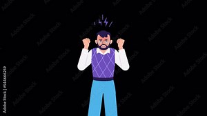 Angry male character, animation with ALPHA channel. Furious, Enraged man grinning, shaking fists. anger emotion, facial expression and body language. Stock cartoon footage, transparent background