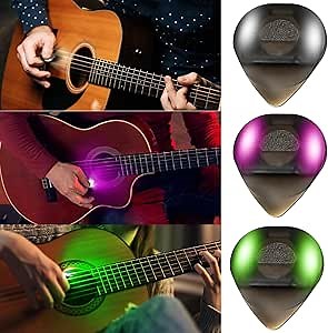 Auto LED Glowing Guitar Picks - Dazzling Colourful Illuminated Guitar Gifts for Acoustic Electric and Bass Guitar, 0.6mm, Cool Gifts for Guitar Lovers