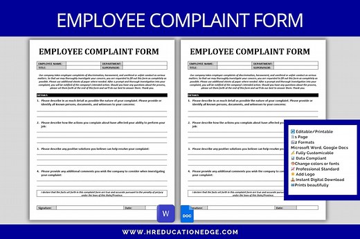 Employee Complaint Form: HR Template (MS Word & Google Doc) (digital Download) - Etsy